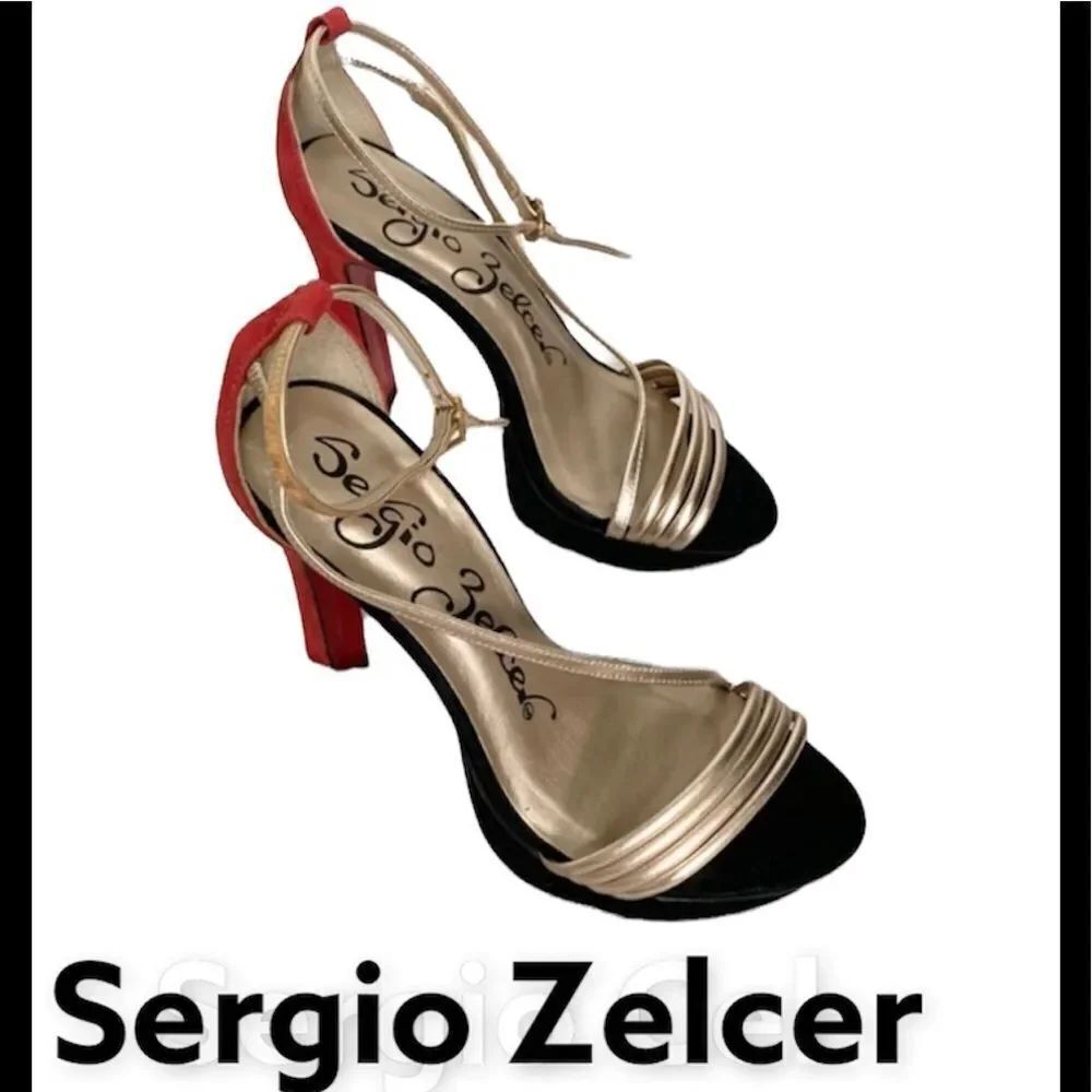 Sergio Zelcer Metallic Gold Colorblock Ankle Strap Platform Heels Sandals 8